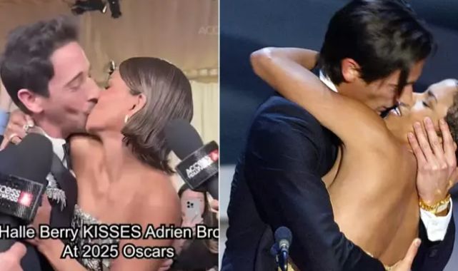 22 yıl önceye gönderme! Halle Berry, Adrien Brody'yi eşinin yanında dudağından öptü