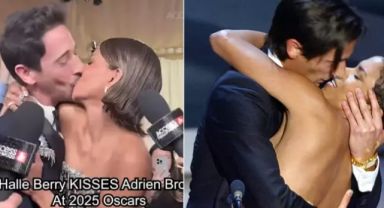 22 yıl önceye gönderme! Halle Berry, Adrien Brody'yi eşinin yanında dudağından öptü